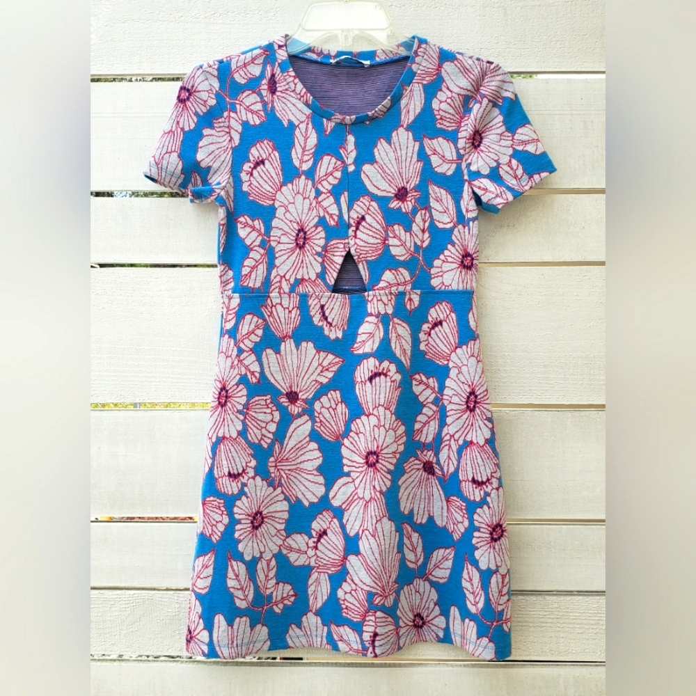 ZARA Womens Floral Jacquard Cut-Out Mini Dress Sz Small Blue Pink Short Sleeve